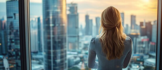A woman gazes out at a city skyline during sunset, reflecting on life in a modern urban environment, visualizing future possibilities