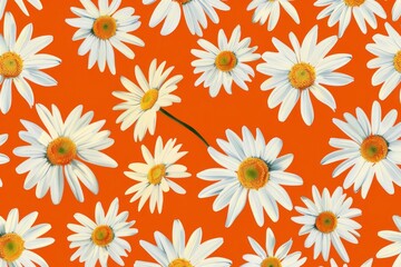 Fototapeta premium Bright orange background adorned with white daisies, creating a vibrant and cheerful floral pattern Ideal for spring and summer themes