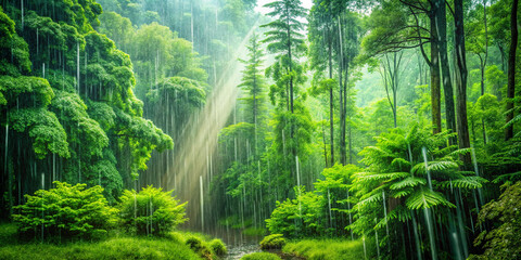 Fototapeta premium Gentle rain falling on a lush green forest, peaceful weather, nature's tranquility