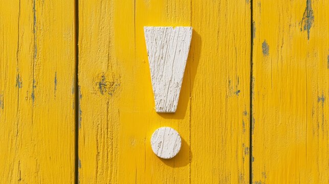 A white exclamation mark made of wood is placed on a bright yellow wooden background. The contrasting colors create a sense of warning and attention, representing a crucial message or important announ