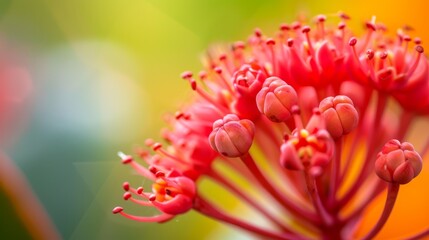 Fototapeta premium A red flower in sharp focus against a green and yellow backdrop, softly blurred background image