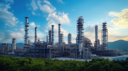 Refinery plant with green surroundings at sunset. Oil refinery with smoke rising from towers, set against a colorful sunset, with green fields in the foreground, blending industry with nature.