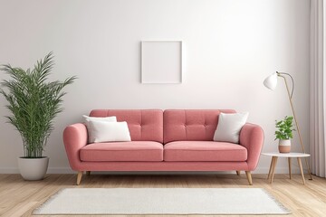 Fototapeta premium A modern living room featuring a pink sofa, plants, and minimal decor.