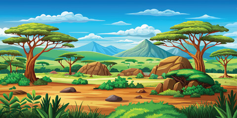 Landscape of the green savannah, wild nature of Africa, cartoon background with rocks and plain grasslands under blue skies vector art illustration