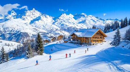 Skiers Enjoying Winter Mountain Views with Cozy Chalet