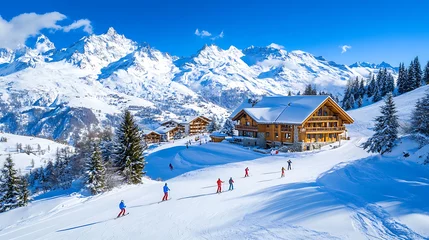 Fotobehang Skiers Enjoying Winter Mountain Views with Cozy Chalet © pimnada