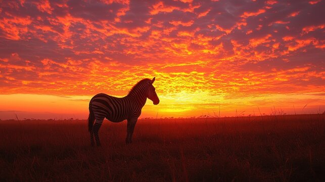 Silhouette of a zebra against a vibrant sunset with the sky filled with orange and pink hues