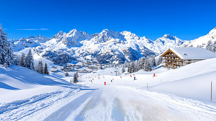 Ski Slope in the Alps with Snow Covered Mountain Peak