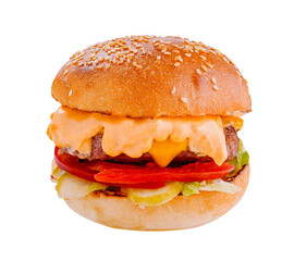 Delicious burger with melted cheese dripping over toppings on white background