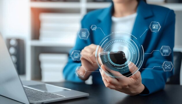 Man Holding Smartphone With Digital Wallet Interface in Modern Office Setting