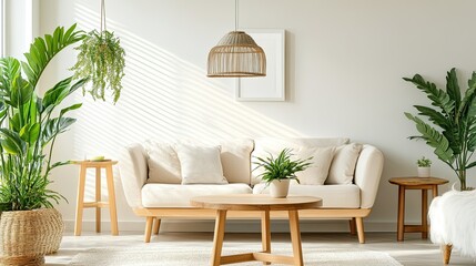 Cozy Scandinavian living room with a modern sofa, wooden table, and greenery, perfect for relaxing.