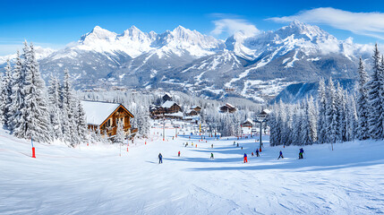 Snowy Mountain Ski Resort with People Skiing Downhill