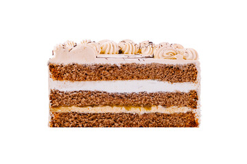 Delicious square cake with butter cream frosting on white background