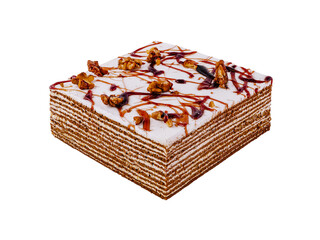 Delicious square honey cake standing on white background