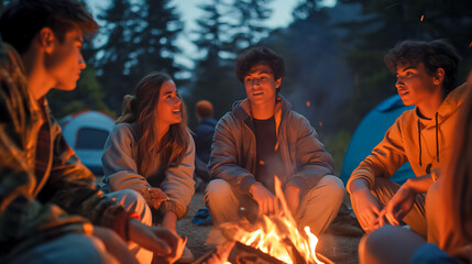Fototapeta premium A group of friends shares laughter and stories while sitting around a bright campfire in the woods. Tents are pitched nearby, creating a cozy campsite atmosphere