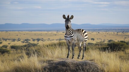 Obraz premium Majestic Zebra on Savanna Hill overlooking Vast Landscape with Mountain Range in the Distance