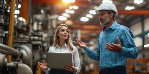 Male engineer in a helmet and a female engineer holding a laptop, discussing performance and technological solutions in a modern factory setting.