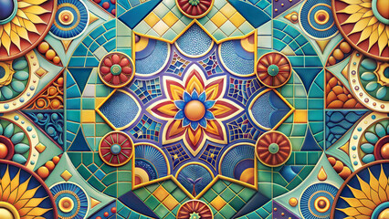 Colorful mandala mosaic pattern with intricate floral designs and vibrant geometric shapes