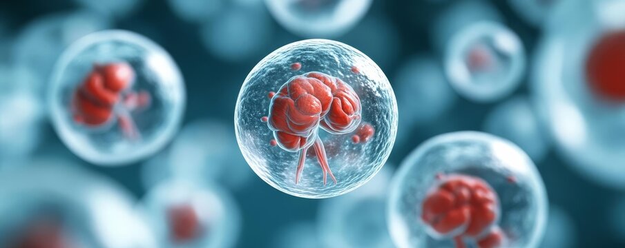 Myogenic cells, early muscle development and differentiation, embryonic stage, 3D illustration