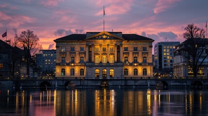 Obraz premium A Majestic Building Reflecting in the Water