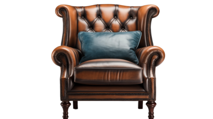 designer wooden chesterfield wing chair, studio view, isolated on transparent background.