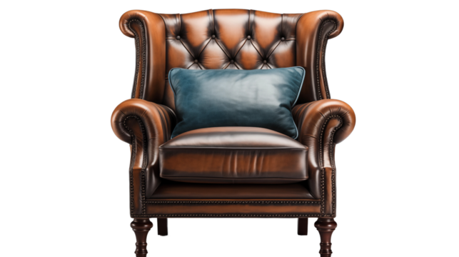 designer wooden chesterfield wing chair, studio view, isolated on transparent background.