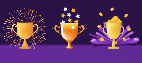 Trophy cup 3d. Chalice with coins and confetti. Gold award, victory in the competition, first place. Gold prize, success of the winner, gift to the champion. Leader in the game. Vector set.