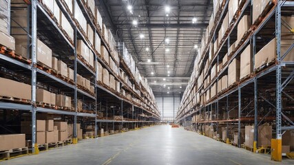 Fototapeta premium 広大な物流倉庫に設置された高い棚と効率的に管理された商品が描く、在庫管理のプロセス