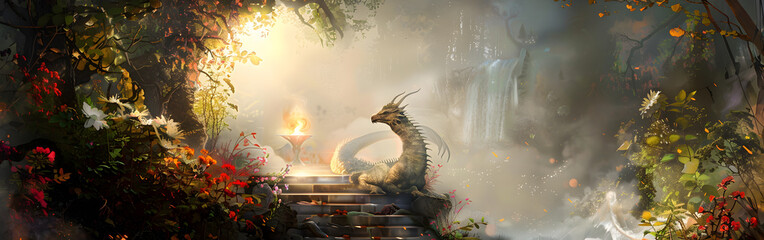 Sunlight penetrates the foggy forest through the branches of trees with dragon in background 