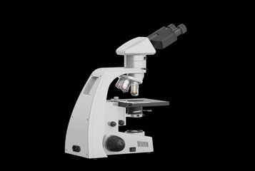 Realistic 3d illustration of a microscope. Pharmaceutical and educational tool. A magnifying tool for research. A symbol of science and chemistry. Isolated on black background