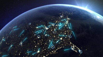 View from space of nighttime America with communication lines. Global social connections of the worldwide network over the planet. Digital communication network of earth space, 5G 6G signals, 4k. - Powered by Adobe