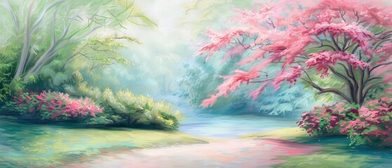  A painting of a river with pink flowers in the foreground and trees lining the opposite bank