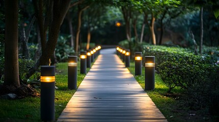 Obraz premium A straight, symmetrical pathway lined with minimalist, modern light fixtures