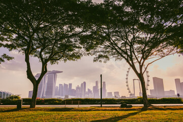Tourists in the city park of singapore, landscape marina bay in Singapore city.