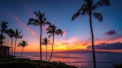 Obraz premium A serene sunset over the ocean with palm trees silhouetted against a colorful sky.