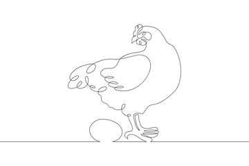 Continuous one line drawing laying hen. Portrait of a hen next to eggs.Chicken. Animals on the farm. One continuous line isolated minimal illustration.