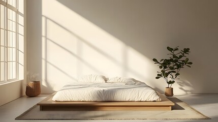 A minimalist bedroom with a low-profile bed, simple bedding, and a bare wall