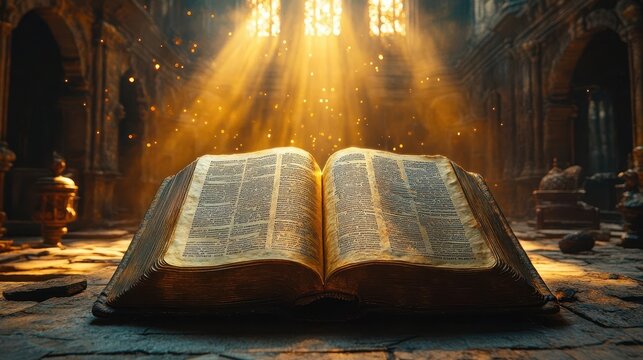 dramatic bible scene open book of samuel golden light streaming from pages epic cinematic atmosphere divine revelation