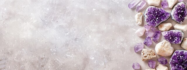 A table adorned with numerous purple and white rocks, and amethyst crystals atop a pristine white surface