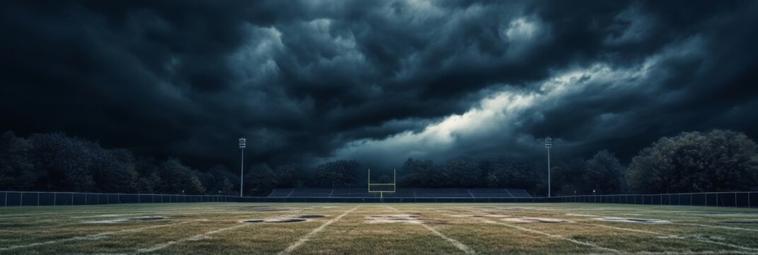 An ominous scene of dark, stormy clouds gathering over an abandoned American football field, symbolizing a sense of foreboding, uncertainty, the end of an era, and the approaching power of nature.
