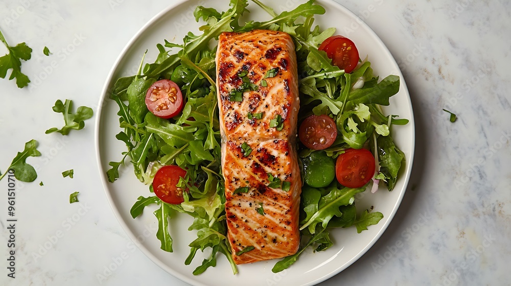 Wall mural grilled salmon fillet with arugula salad on white plate