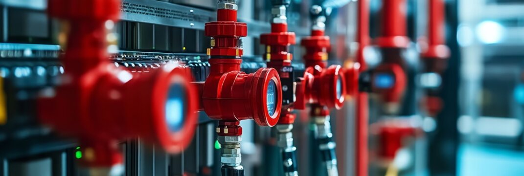 Close-up of red fire suppression system valves in a server room, showcasing safety measures for critical infrastructure. Valves represent safety, control, and fire prevention, ensuring data security i