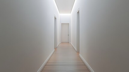 A straight, narrow hallway with smooth, white walls and a single door at the end