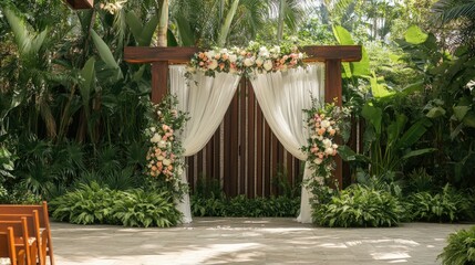 Elegant wedding ceremony setup in a garden, featuring a decorated backdrop with lush plants and beautiful flower bouquets.