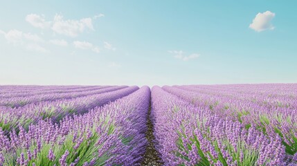 Fototapeta premium A field of lavender under a clear blue sky, creating a serene and calming floral backdrop with rows of blooming purple flowers