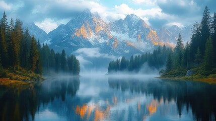 tranquil mountain lake at dawn mirrorlike water reflecting majestic peaks mist rising from evergreen shores pristine wilderness landscape