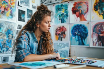 Fototapeta premium Young Female Artist Creating in Vibrant Studio Surrounded by Colorful Paintings