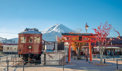 Mount Fuji, the iconic symbol of Japan, during the season of autumn foliage, a period of...
