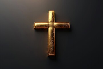 A detailed golden cross resting against a dark textured background, symbolizing faith and...