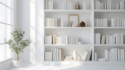 A clean, white bookshelf with neatly arranged books and minimal decor